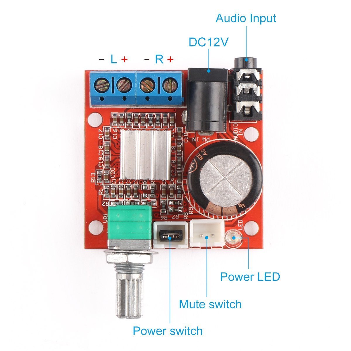 PAM8610 Mini 10W+10W Stereo Audio Power Amplifier Board Module with Volume Control - Annotated Image