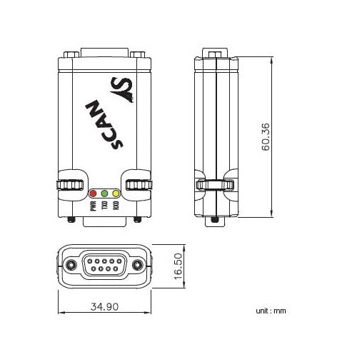 SystemBase sCAN Industrial RS232 to CAN Converter Dimensional Drawing | Envistia Mall