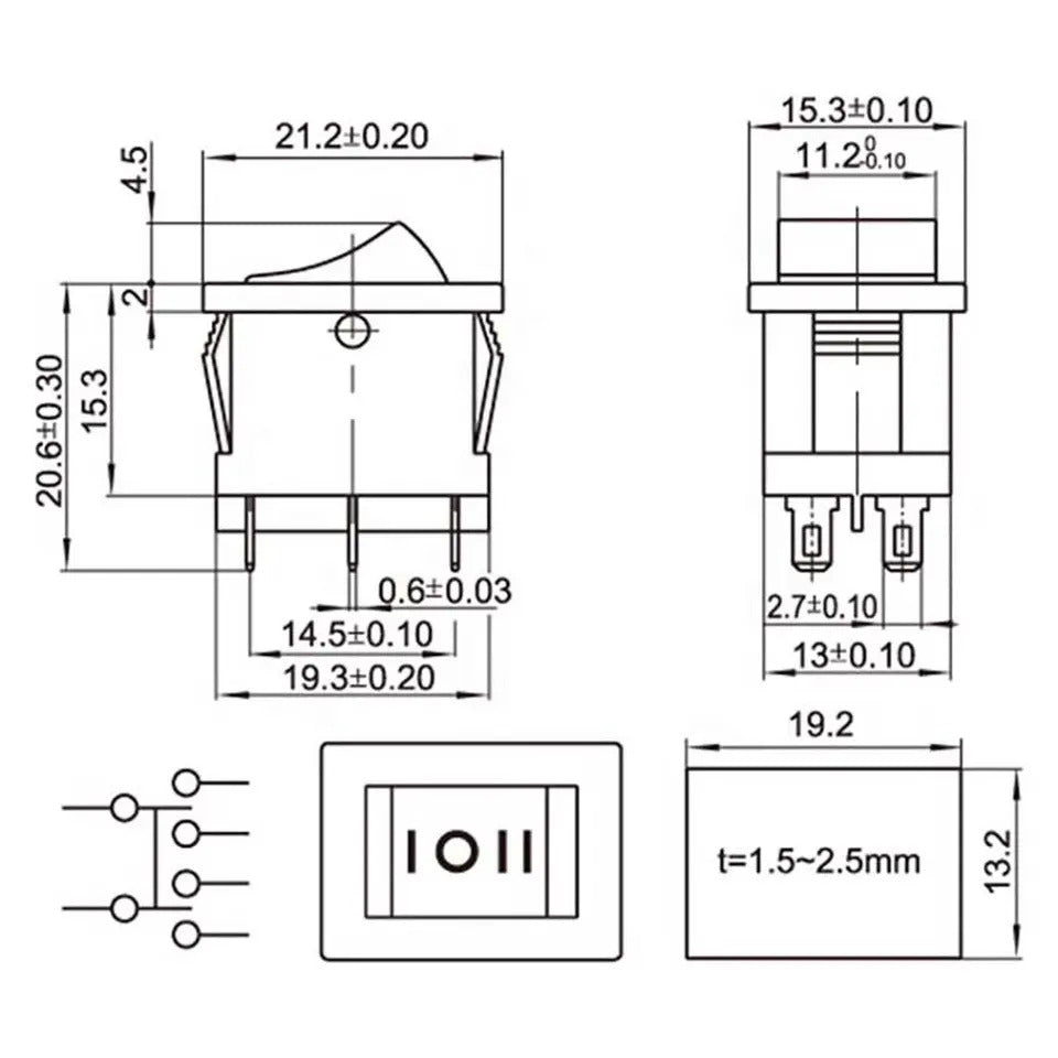 Envistia Black Rocker Switch ON-OFF-ON 6 Pin 21X15mm DPDT KCD1 6A/250VAC 10A/125VAC
