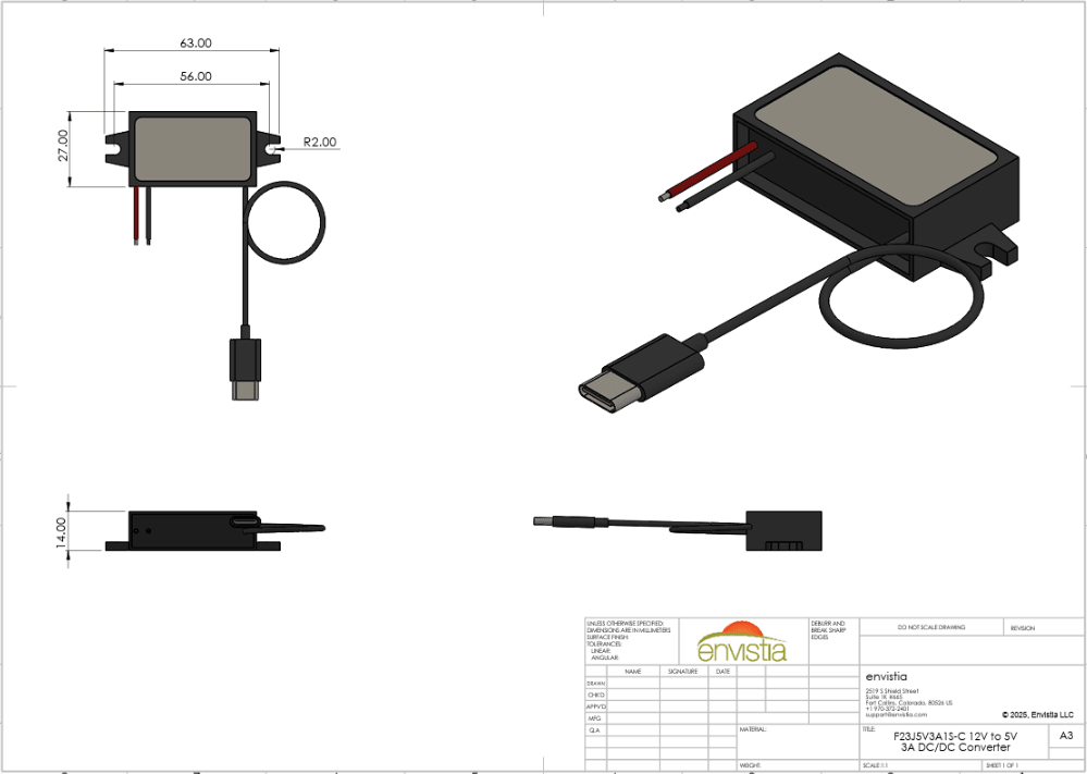 F23J5V3A1S-C 12V (8-36V) In To 5V Out DC-DC Converter Module 3A 15W with USB-C Output Technical Drawing - Envistia Mall