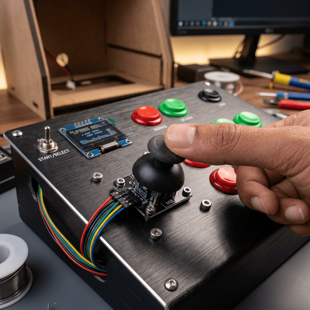 Person using a KY-023 joystick and button panel on a DIY control panel.