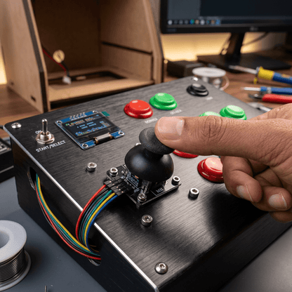 Person using a KY-023 joystick and button panel on a DIY control panel.