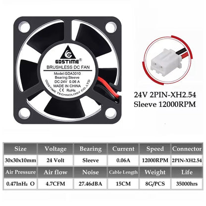 30mm 24V DC Brushless Cooling Fan – PH2.0 or XH2.54 Connector | 3010 5-Blade Fan for CPU, 3D Printers & Lasers - Envistia Mall