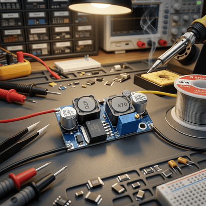 XL6009 Boost-Buck DC-DC Converter (AI generated to show input and output wiring and potentiometer adjustment)