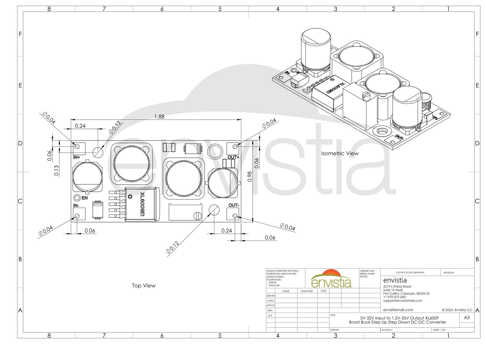 Envistia 5V - 32V Input to 1.5V - 35V Output XL6009 Boost Buck Step Up Step Down DC - DC Converter Dimensional Drawing