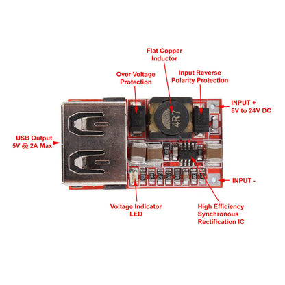 6 - 24V Input to 5V 2A USB Charger DC - DC Buck Step - Down Converter Module - Envistia Mall