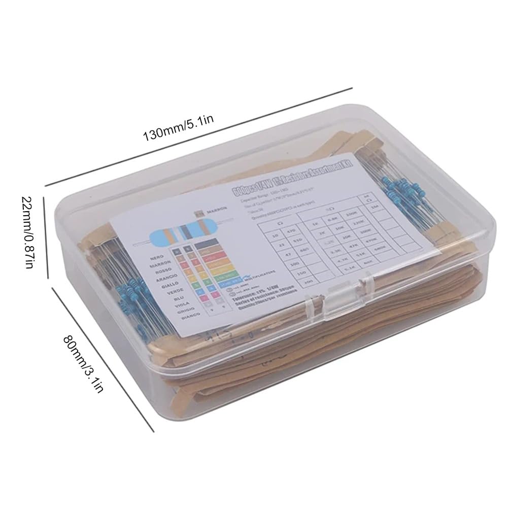 600pc 1/4W metal film resistor kit, 30 values (10Ω–1MΩ), ±1% tolerance, labeled & organized in storage box from Envistia Mall