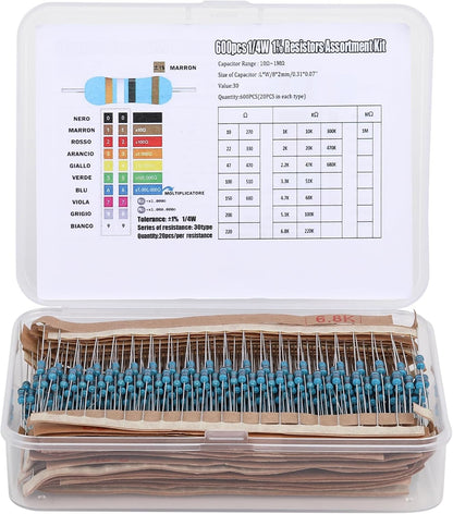 600pc 1/4W metal film resistor kit, 30 values (10Ω–1MΩ), ±1% tolerance, labeled & organized in storage box from Envistia Mall