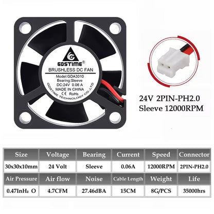 30mm 24V DC Brushless Cooling Fan – PH2.0 or XH2.54 Connector | 3010 5-Blade Fan for CPU, 3D Printers & Lasers