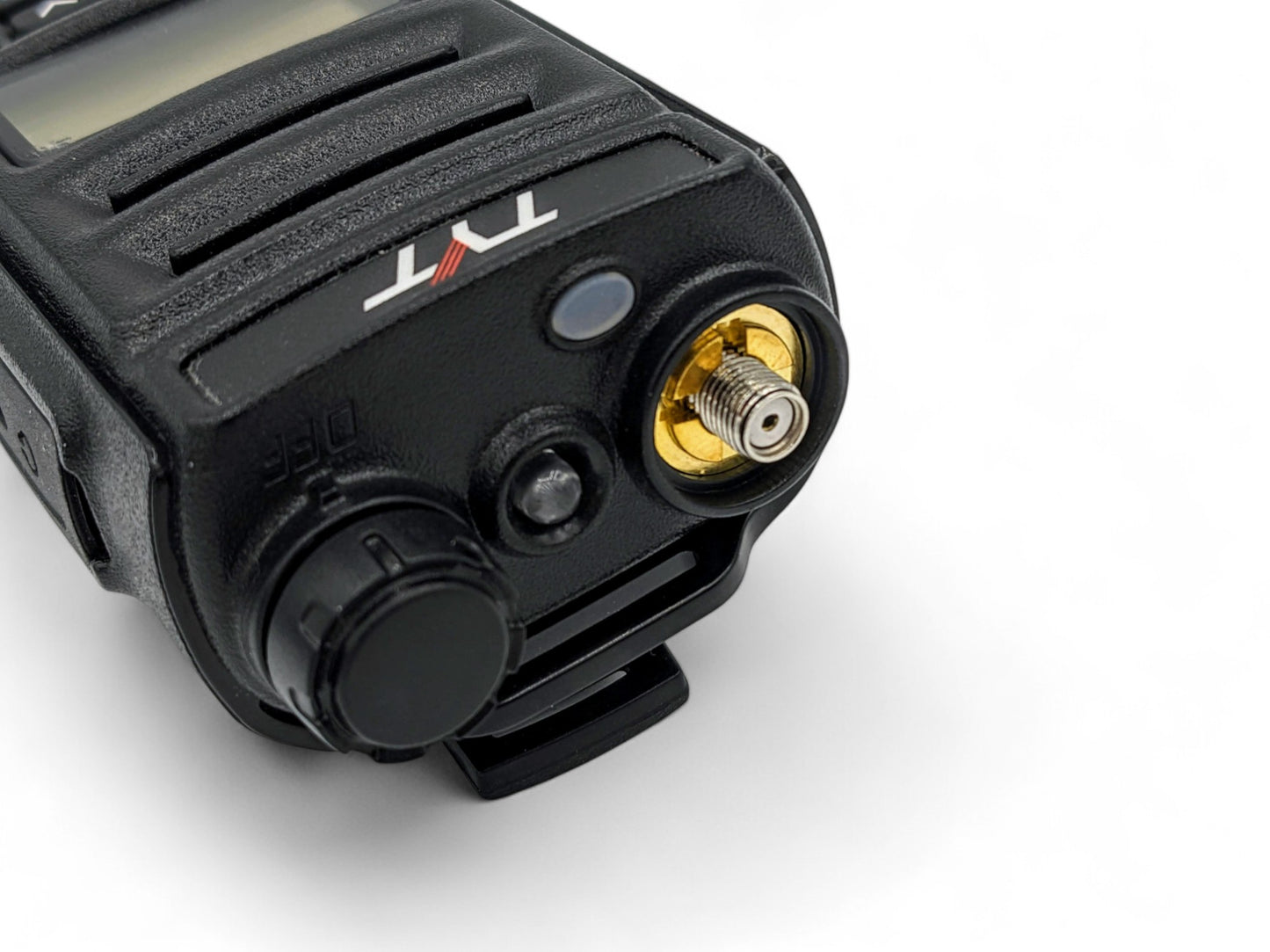 Handheld Amateur / GMRS radio with an SMA Female connector which connects to an SMA Male Adapter