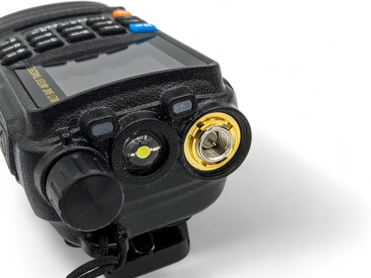 Handheld Amateur / GMRS radio with an SMA Male connector which connects to an SMA Female Adapter