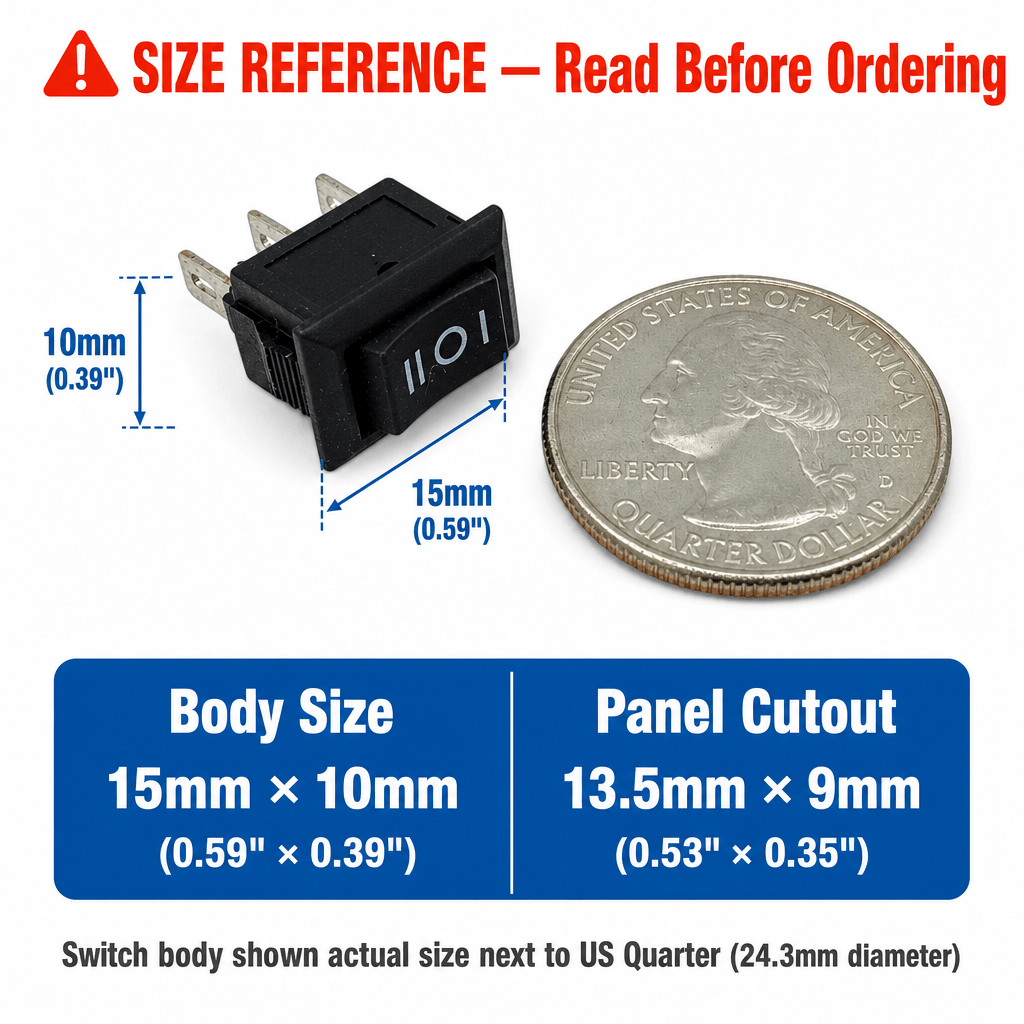 Black 3-Pin Mini Rocker Switch — SPDT ON/OFF/ON, 3-Pin, 125VAC/6A, KCD117, Miniature 15mm × 10mm (½" × ⅜") — 2/5/10 Pack - Envistia Mall