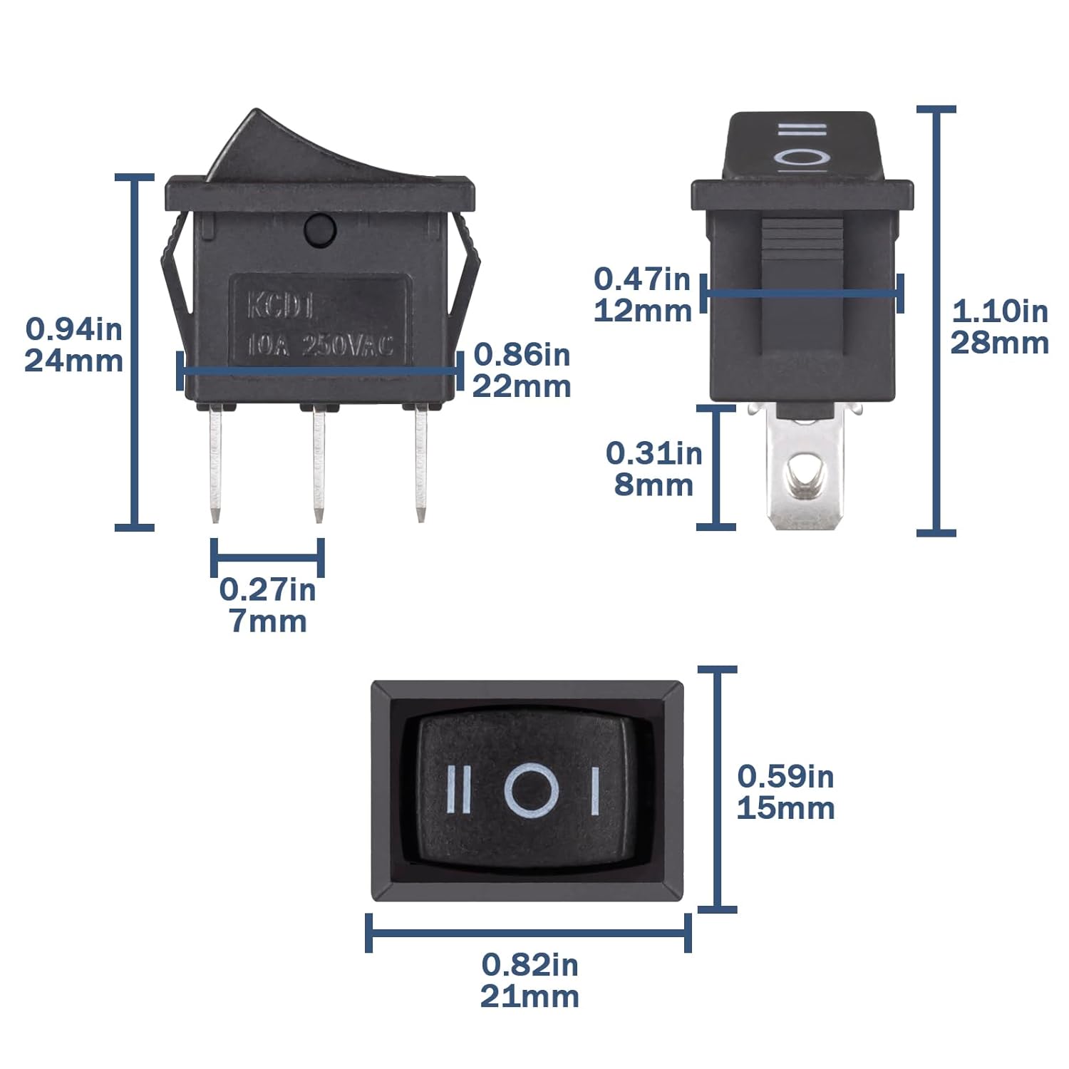 Black 3 - Pin Rocker Switch ON - OFF - ON SPDT 21X15mm (0.8" x 0.6") KCD1 6A/250VAC 10A/125VAC - Envistia Mall