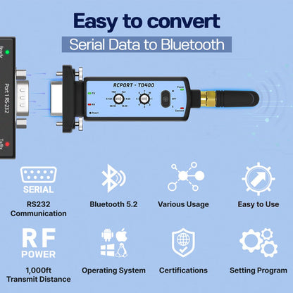 CHIPSEN RCPORT - TD400 Long Range Bluetooth Wireless RS232 Serial Adapter D - SUB9 (F) - Envistia Mall