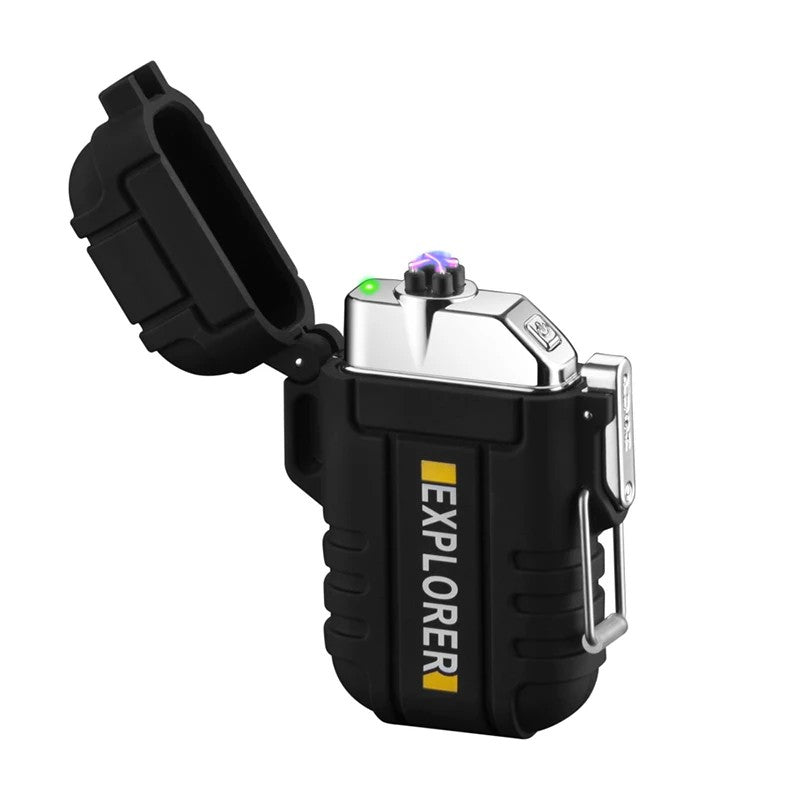 Radion "Explorer" black dual-arc plasma lighter on a white background