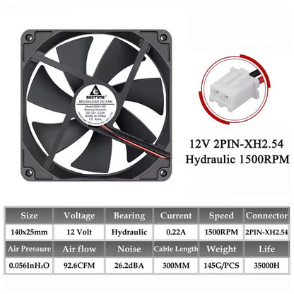 140mm 12V DC Brushless Cooling Fan – XH2.54 Connector | 14025 7-Blade Fan for CPU, 3D Printers & Lasers