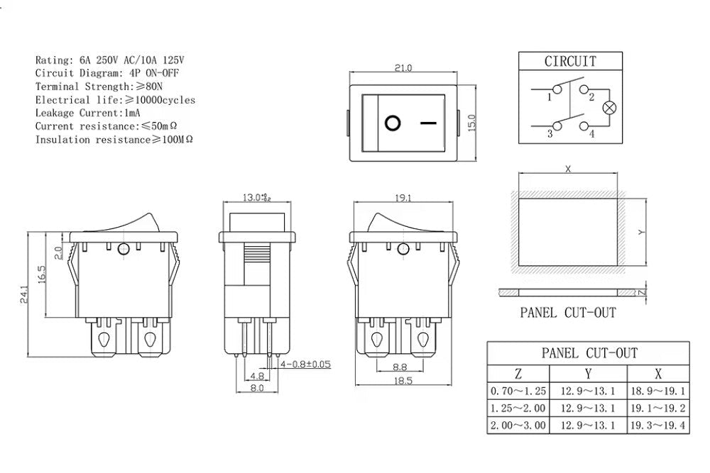 KCD1 Rocker Switch – 4-Pin DPST On/Off – 6A 250VAC / 10A 125VAC Dimensional Drawing