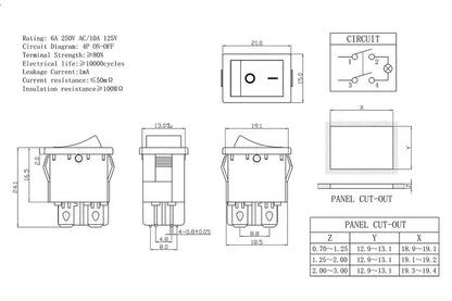 KCD1 Rocker Switch – 4-Pin DPST On/Off – 6A 250VAC / 10A 125VAC Dimensional Drawing