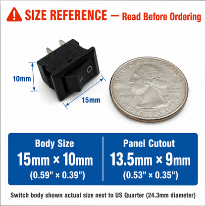 Mini Rocker Switch - Black KCD117S SPST ON/OFF, 2-Pin, 125VAC/6A, Miniature 15mm × 10mm (½" × ⅜") - 2/5/10 Pack - Envistia Mall