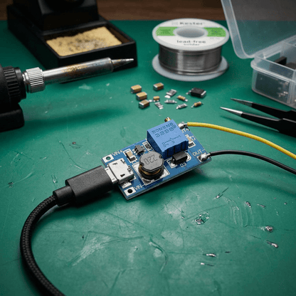 2V - 28V MT3608 DC - DC Micro - USB Step Up Boost Power Supply Voltage Regulator Module (AI-generated to show input MicroUSB and output wiring hookup)