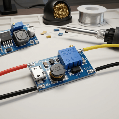 2V - 28V MT3608 DC - DC Micro - USB Step Up Boost Power Supply Voltage Regulator Module (AI-generated to show input and output wiring hookup)