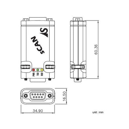 SystemBase sCAN Industrial RS232 to CAN Converter Dimensional Drawing | Envistia Mall