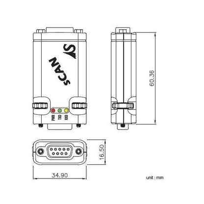 SystemBase sCAN Industrial RS232 to CAN Converter Dimensional Drawing | Envistia Mall