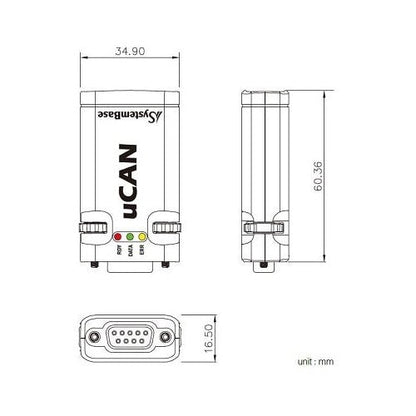 SystemBase uCAN V3.0 USB to CAN Converter - Dimensional Drawing | Envistia Mall