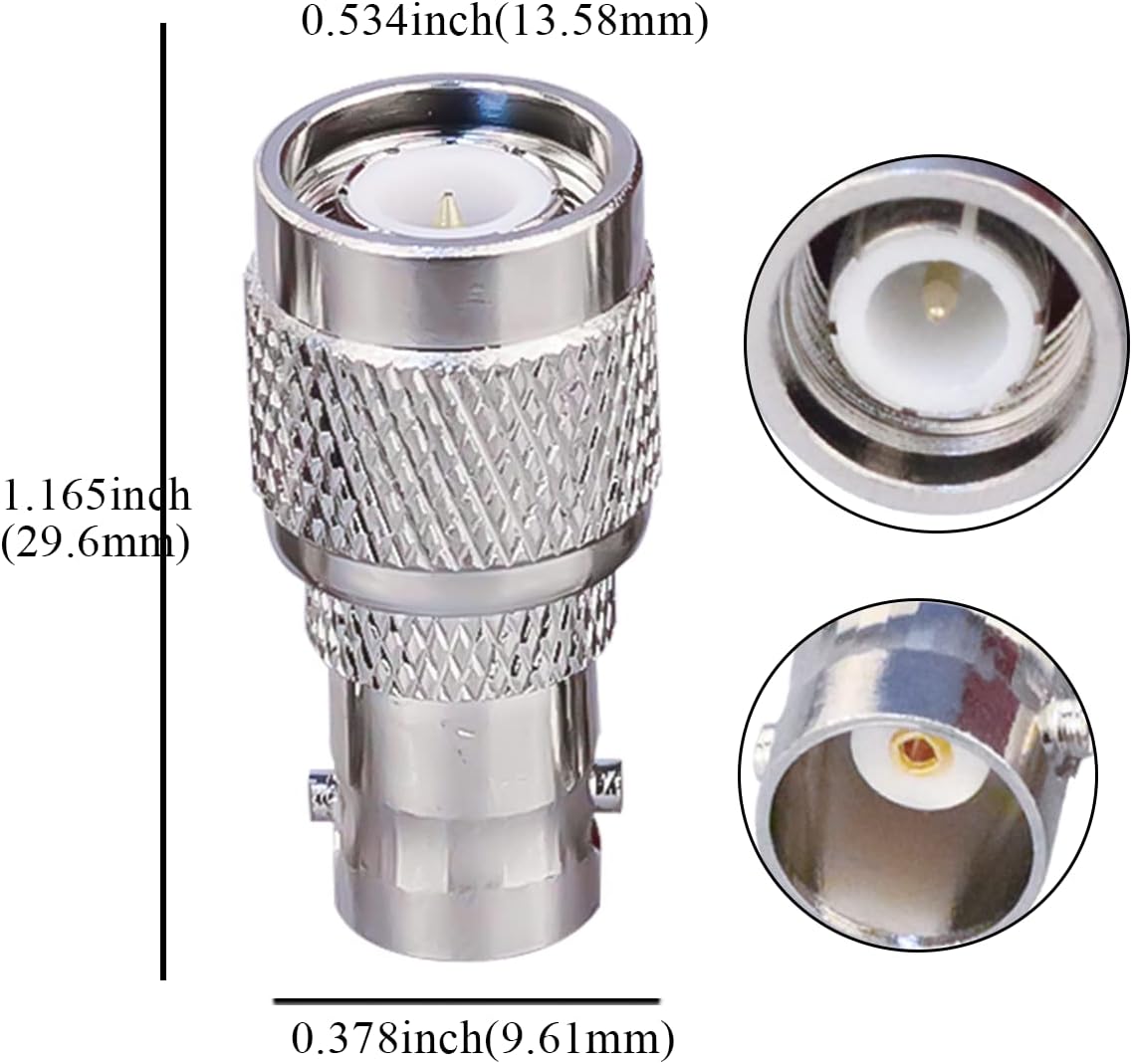 Envistia TNC Male to BNC Female Metal connector with dimensions labeled on a white background