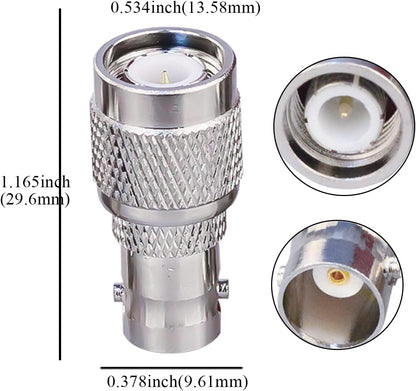 Envistia TNC Male to BNC Female Metal connector with dimensions labeled on a white background