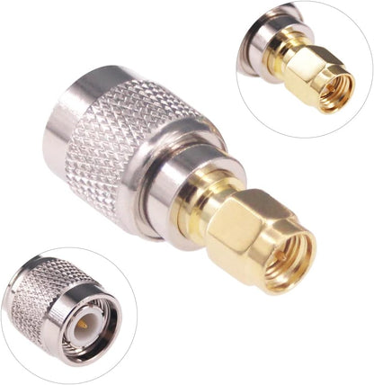 Envistia SMA Male to TNC Male adapter with close-up insets on a white background