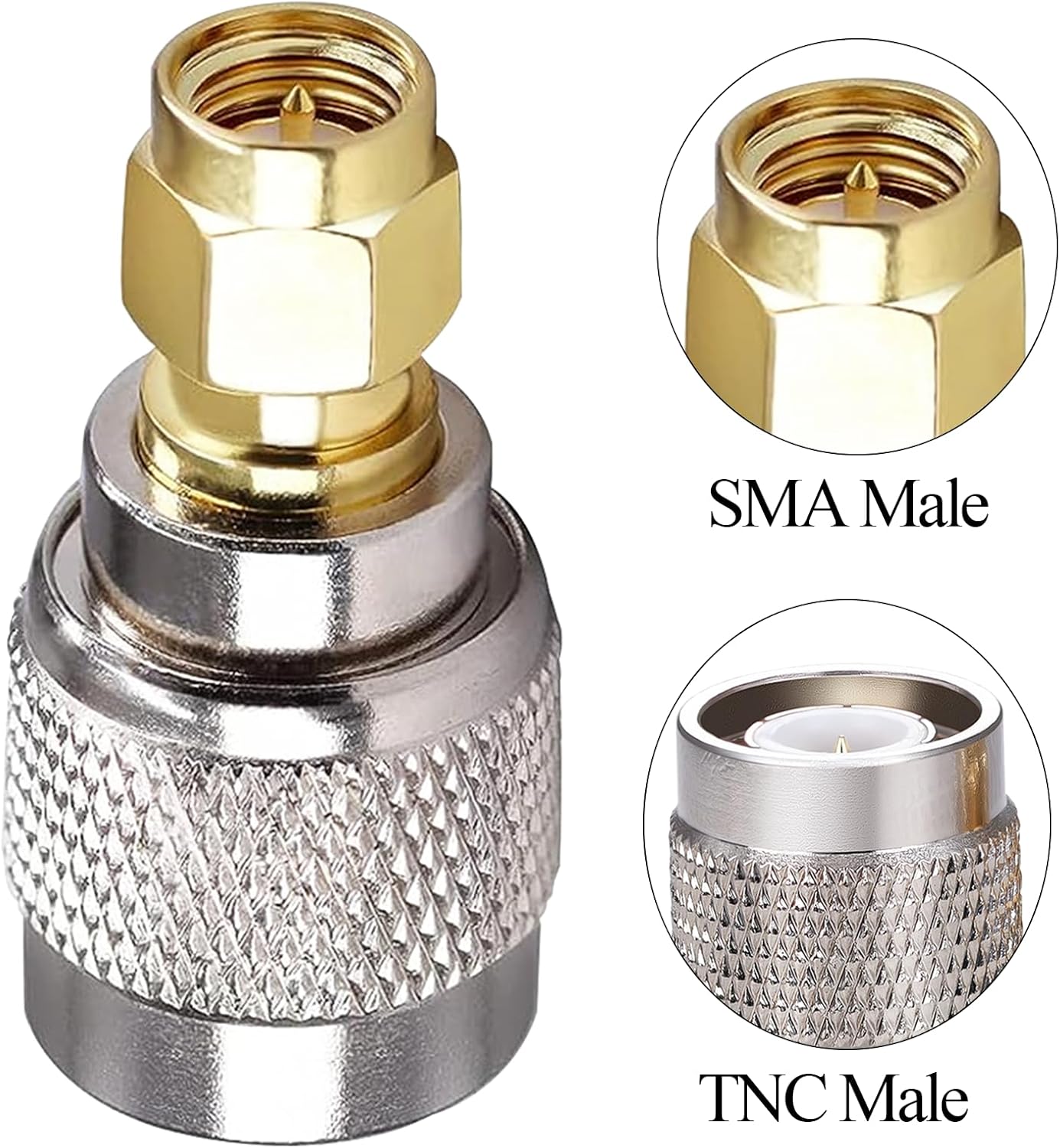 Envistia SMA Male to TNC Male adapter with close-up insets on a white background