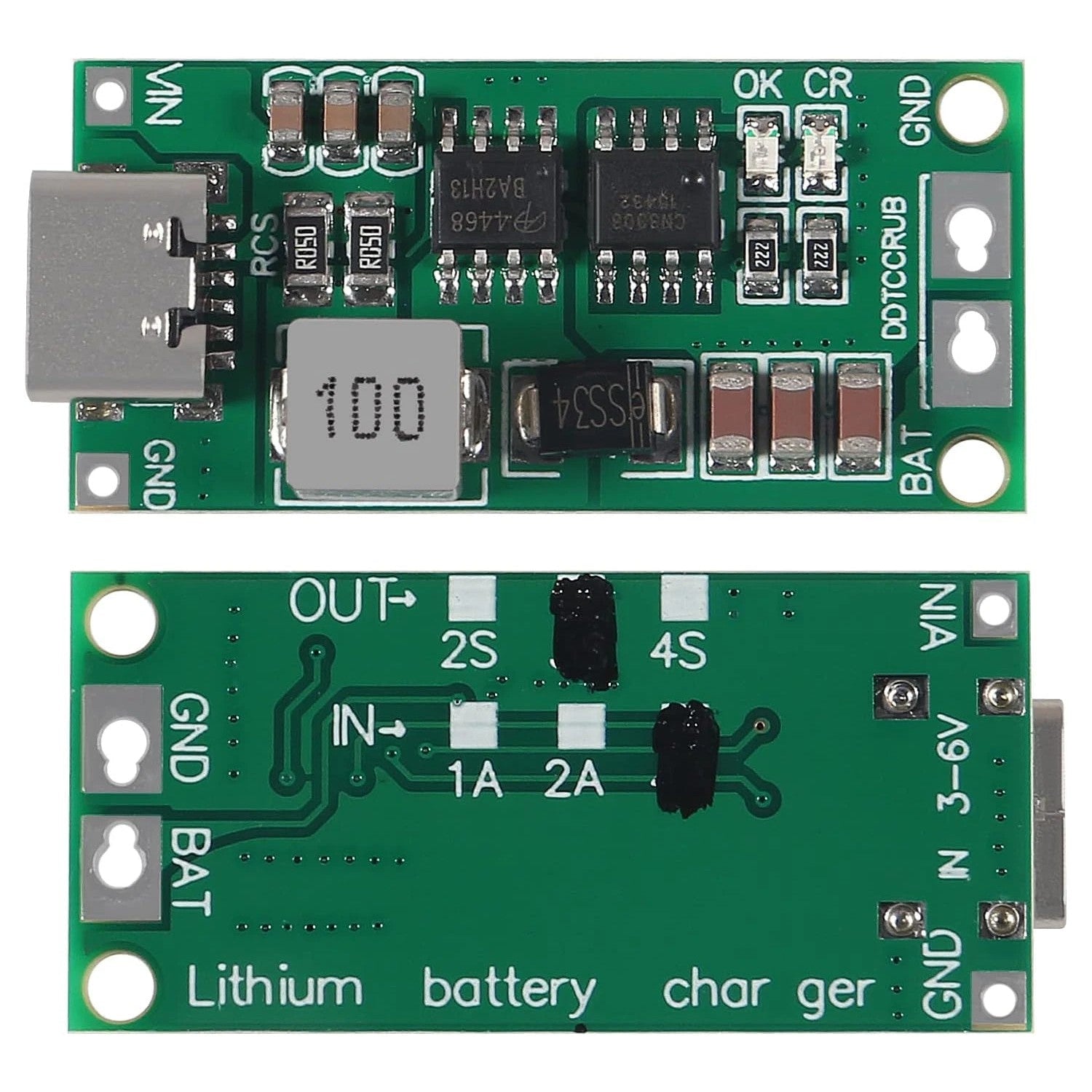 Type-C 2S 3S 4S Boost Battery Charger Module – 8.4V/12.6V/16.8V 18650 Charging Board - Front and back images
