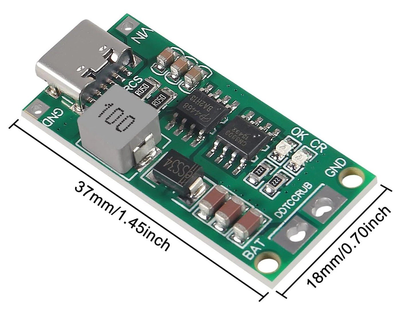 Type-C 2S 3S 4S Boost Battery Charger Module – 8.4V/12.6V/16.8V 18650 Charging Board with Dimensions