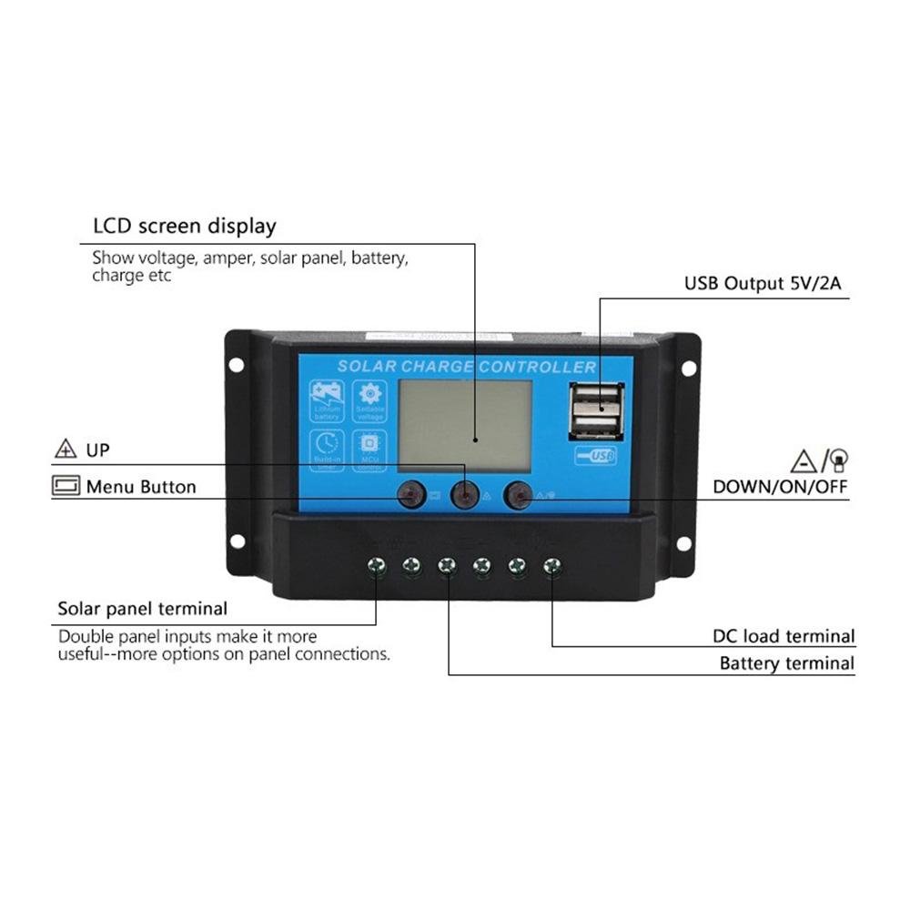 10/20/30A PWM Solar Panel Battery Regulator Charge Controller Dual USB 12V 24V - Black Case - Envistia Mall