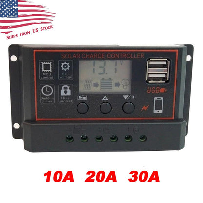 10/20/30A PWM Solar Panel Battery Regulator Charge Controller Dual USB 12V 24V - Black Case - Envistia Mall