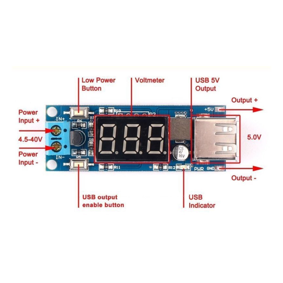 2 in 1 4.5V-40V Voltmeter & 5V USB Charger Step-Down Buck Power Converter Module / USB Charger Board - Envistia Mall