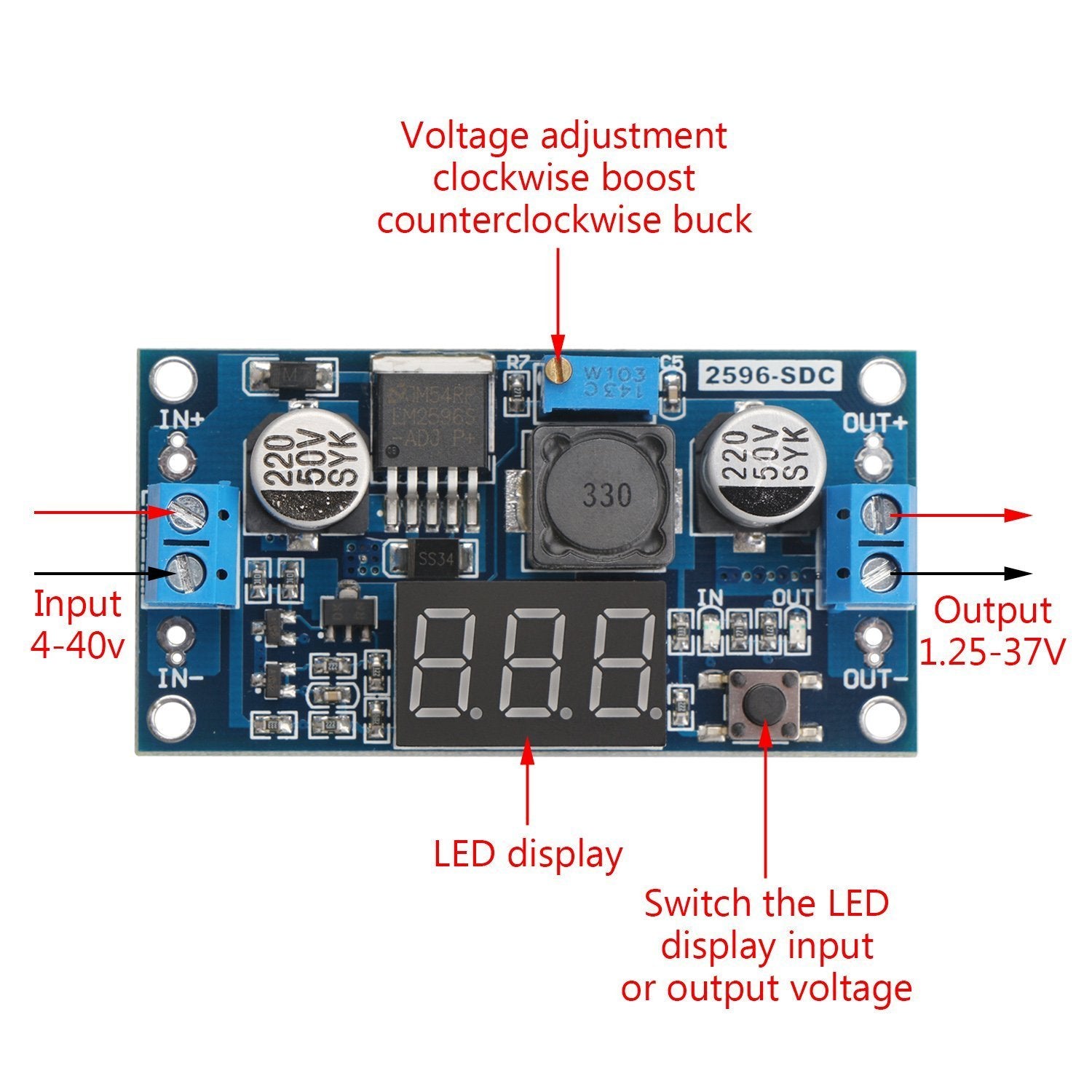 LM2596 DC-DC 4V-40V In / 1.3V to 35V Out 3A Buck Step Down Voltage Converter Module with Voltmeter - Envistia Mall