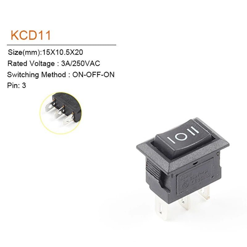 Mini Rocker Switch 3 PIN ON-OFF-ON SPDT 125VAC/6A 250VAC/3A Black 10mmx15mm KCD11 2X/5X/10X - Envistia Mall