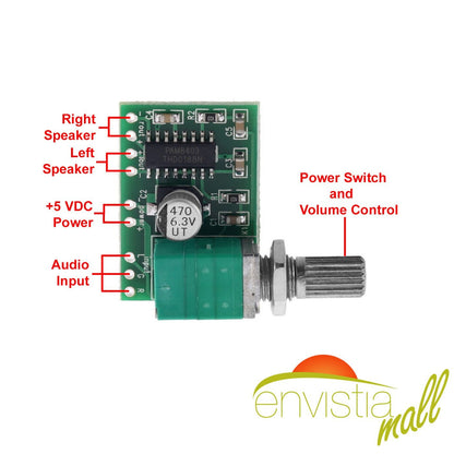 PAM8403 Mini 2 Channel 3W Stereo Audio Power Amplifier Board with Volume Control & Switch | Envistia Mall